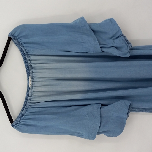 Chambray Ombre Tiered Sleeves Dress Off Shoulder Embroidered Hem by C Est. 1946 - Picture 2 of 10